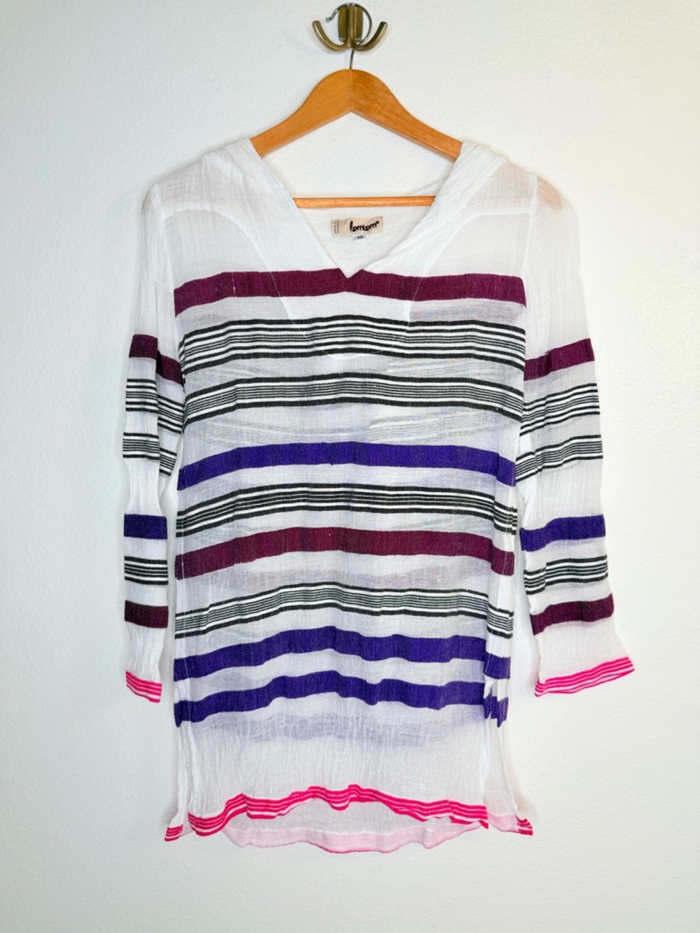 LEMLEM Striped Lightweight Cotton Beach Coverup Cotton Dress w/Hood XS $378